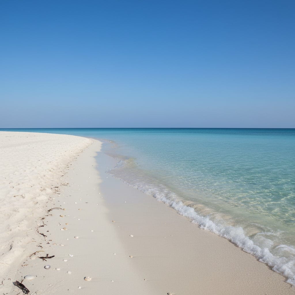 A pristine white sand beach meets clear turquoise water under a vast, cloudless blue sky.